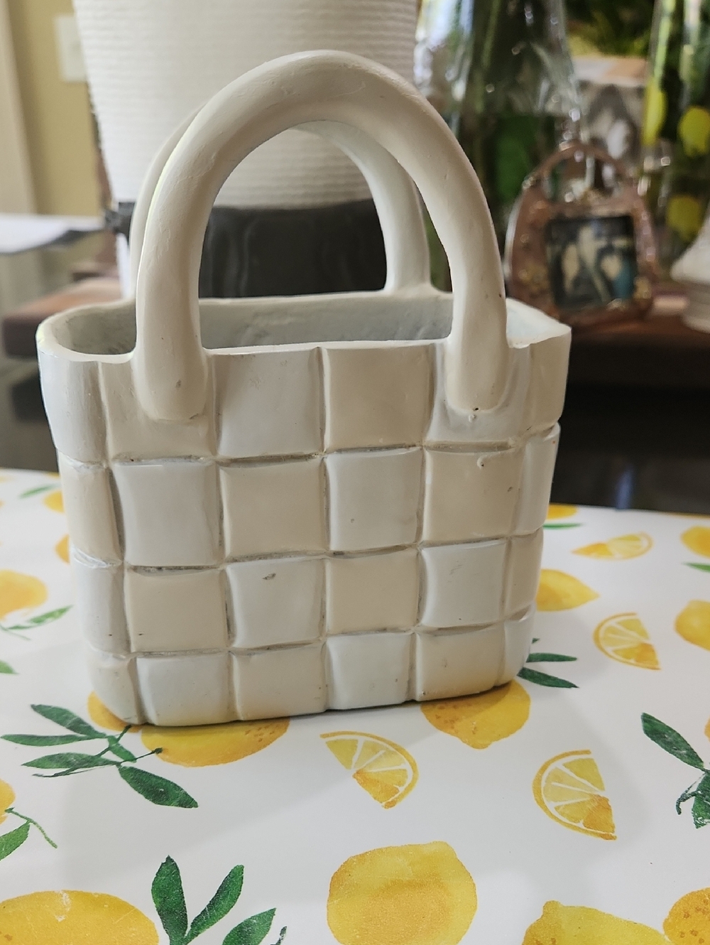 Hobby Lobby Cream Woven Ceramic Tote Decorative Accent
